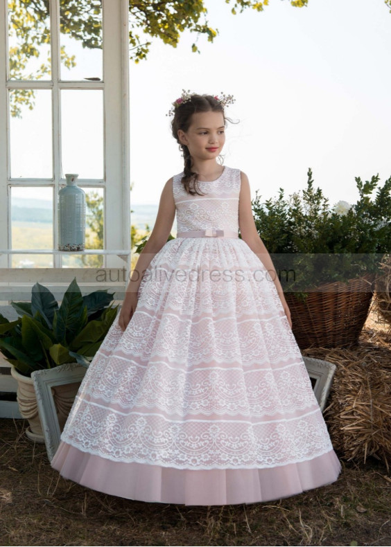 Ivory Lace Pink Tulle New Fashion Flower Girl Dress